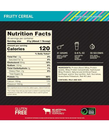 Gold Standard 100% Whey Protein Powder | Whey Protein Isolate Sourced | 24g Protein 5.5g BCAAs 11g EAAs | Low Carb Low Sugar Gluten Free | 29 Servings 2LB (Fruity Cereal) Fruity Cereal 2LB - Buy Online on GoSupps.com