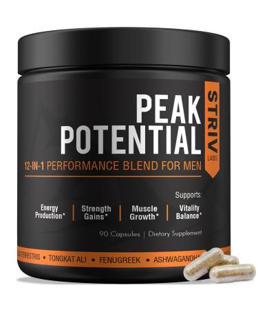 STRIVLABS Peak Potential 12-in-1 Testosterone Support for Men Natural Strength Energy & Muscle Builder with Tongkat Ali Ashwagandha & Fenugreek 90 Capsules