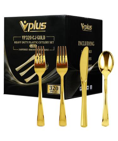 320 Gold Plastic Silverware Set - Plastic Cutlery Set - Disposable Flatware - 160 Plastic Forks, 80 Plastic Spoons, 80 Cutlery Knives Heavy Duty Silverware for Party Bulk Pack 320Pack Gold