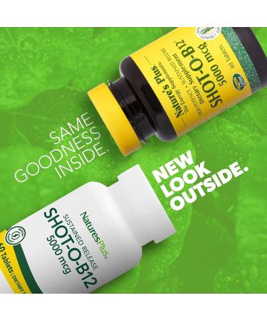 NaturesPlus Shot-O-B12 5000 mcg Sustained Release - Vegetarian B12 Supplement for Memory & Energy - Gluten-Free (60 Tablets) - Buy Online on GoSupps.com