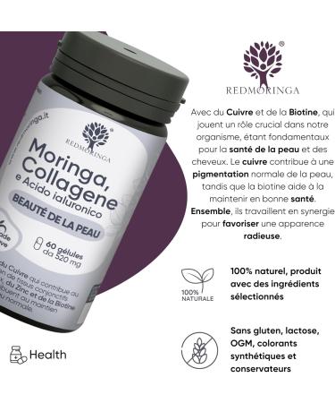 Collagen and Hyaluronic Acid with Copper Zinc Biotin Vitamin A B2 B3 C Moringa Bio | Supplement for Skin and Joints | Anti-Wrinkle | Made in Italy RedMoringa (180 Capsules) - Buy Online on GoSupps.com