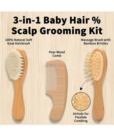Goat Baby Hair Brush Set with Wooden Comb and Silicone Bath Brush - Safe Natural Hair Care Kit for Newborns and Toddlers - Buy Online on GoSupps.com