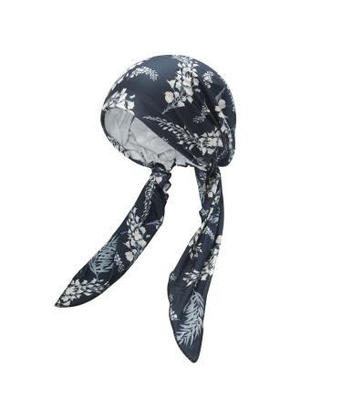 ZLYC Women Chemo Turban Cap Pre-tied Headscarf Headwraps Lightweight Hat Leaves Navy