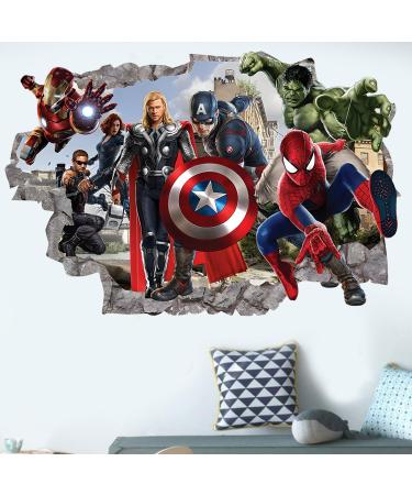 3D Avengers Breaking Through Wall Sticker 3D Hulk Captain America Children Boys Wall Decals Peel and Stickers for Walls Bedroom Living Room Home D cor(15.7X23.7) Inch W01