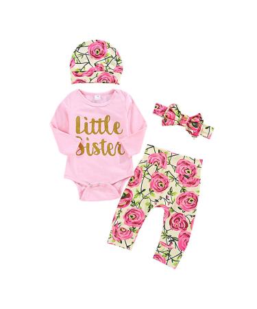ChYoung Baby Girl Clothes Set Newborn Outfit Little Sister Romper Top and Rose Printed Pant and Headband 3 Pieces 12-18 Months Pink-Floral