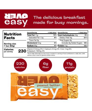 OVER EASY Peanut Butter Breakfast Bars | All Natural  Clean Ingredient Protein Bars | Breakfast & Cereal Bars | 12 Protein Snack Bars Gluten Free  Dairy Free  Soy Free Peanut Butter 12 Count (Pack of 1) - Buy Online on GoSupps.com