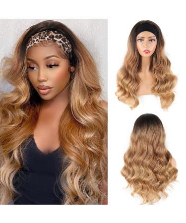 LEOSA Ombre Headband Wig Body Wave Blonde Synthetic Wig with Headband Real Wigs,Long Wavy Ombre Wigs for Black Women Blonde Wavy Headband Wig Ombre Blonde Wig Halfwig with Headbands Wigs Wavy 24 inch # Ombre Brown