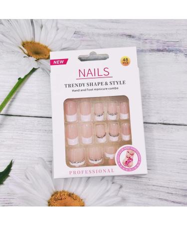 48Pcs French Press On Short False Nails with Glue - Nude & White Acrylic Toenails with Rhinestone, Exquisite Design for Women - Style 2 - Buy Online on GoSupps.com