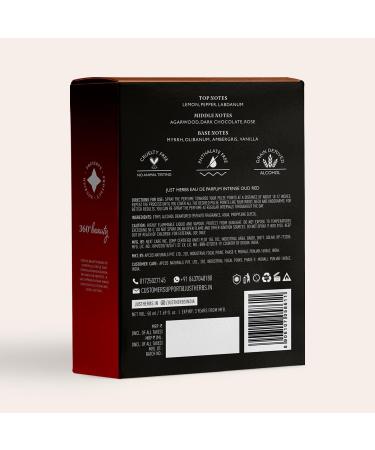 Ju'st He'rbs Intense Oud Red EDP Perfume Spray for Men Long Lasting Up to 8 Hours Pure Fragrance Eau Da Parfum Mens Body Spray - 50 ml - Buy Online on GoSupps.com