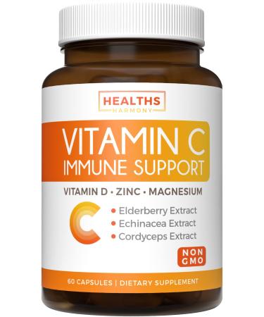 Immune Support - Vitamin C with Zinc  Vitamin D  Elderberry & Echinacea (Non-GMO) Immune System Booster Supplement - VIT C 500mg - 60 Vegetarian Capsules (No Pills  Tablets  or Gummies)