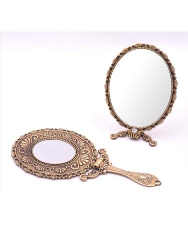 SEHAMANO Vintage Double Sided Handheld Makeup Metal Mirror/Folding Handle/Stand Travel Mirror/Back Sided Magnification/Folding Type Mirror (Matt Gold (Brass))