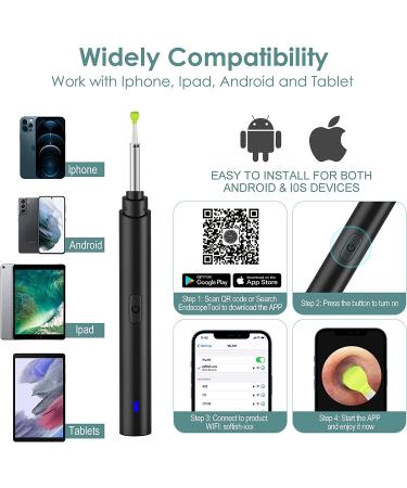 Smart Visual Ear Cleaner | Wireless Ear Wax Removal Tool Camera | 1296P FHD Otoscope with 6 LED Lights | IP67 Waterproof | Ear Camera for iPhone, iPad, Android | Black - Buy Online on GoSupps.com
