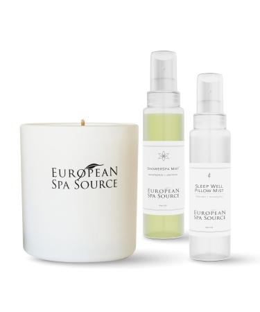 European Spa Source Lavender Relaxation Bundle ShowerSpa Mist SleepWell Pillow Spray & French Lavender Candle 4 Fl Oz