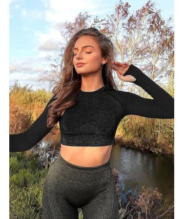 Stylishine Seamless Long Sleeve Crop Top | Black | Small | Yoga Athletic Shirt - Buy Online on GoSupps.com