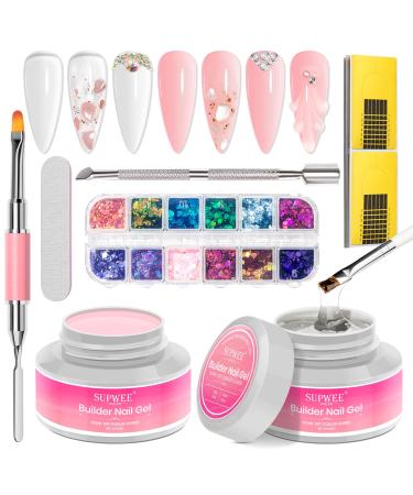 SUPWEE Builder Gel Nail Kit 2 Colors Nail Extension Gel 60g Clear Nude UV/LED Nail Strengthen Hard Gel Nail Art Manicure Set With Nail Brush & Nail Forms Clear and Nude