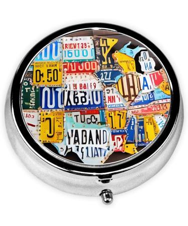 Buy License Plate Map Round Pill Box | 3 Compartment Mini Decorative Travel Organizer for Vitamins & Medicine - Buy Online on GoSupps.com