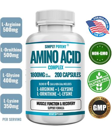 Simply Potent Amino Acid Complex 1800mg 200 Capsules, Blend of 4 Essential and Non Essential Amino Acids, Includes L-Arginine 550mg, L-Ornithine 500mg, L-Glysine 400mg & L-Lysine 350mg for Muscle - Buy Online on GoSupps.com
