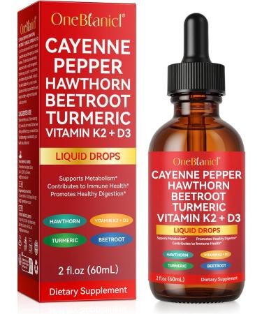 Cayenne Pepper Drops Supplement Liquid Blend of Hawthorn Berry Beetroot Turmeric VIT K2+D3 Daily Health Boost (2oz) - Buy Online on GoSupps.com