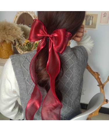 Allereya Vintage Long Silk Bow Hair Clip Barrette Ribbon Mesh Bow Head Clip Headwear Red Chiffon Bowknot Headpieces Silk Bow Hair Accessories for Women and Girls (Red) - Buy Online on GoSupps.com