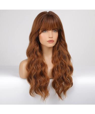 EMMOR Ombre Reddish Brown Long Curly Wig with Bangs | Heat Resistant Synthetic for Women - Buy Online on GoSupps.com