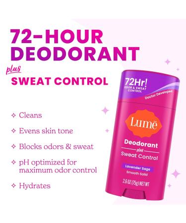 Lume Deodorant Plus Sweat Control - Smooth Solid Stick - Maximum Strength Antiperspirant - 72 Hour Odor And Sweat Control - Baking Soda Free Skin Loving - 3.0 ounce (Lavender Sage) - Buy Online on GoSupps.com