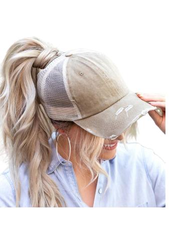 ProMindFun Womens Ponytail High Messy Bun Hats Distressed Baseball Caps Unconstructed Washed Dad Hat Girls Trucker Ponycaps 03-light Khaki