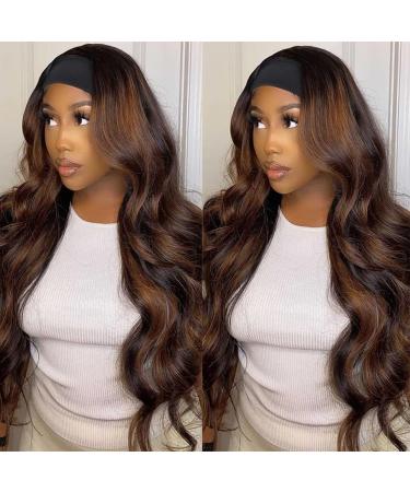 Nadula Hair FB30# Highlights Honey Brown Ombre Body Wave Headband Wigs Human Hair None Lace Front Wig For Black Women, Brazilian Body Wave Headband Wig Balayage Highlights Wig 150% Density (18inch) 18 Inch (Pack of 1) Head…