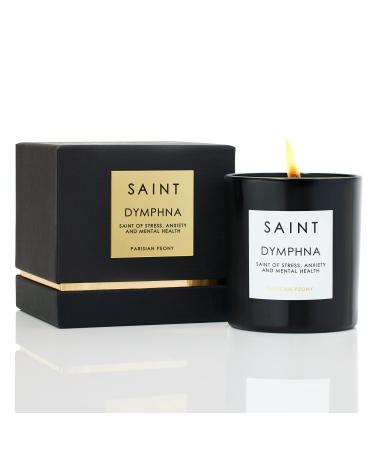SAINT Dymphna Scented Candle with Prayer Prayer Coin and Holy Oil Saint of Stress Anxiety and Mental Health Soy Coconut Aromatherapy Candle with 50 Hour Burn Time Saint Dymphna - Parisian Peony
