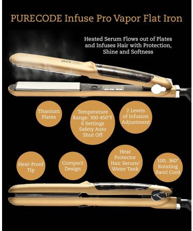 PURECODE Titanium Infuse Pro Vapor Flat Iron & Heat Protector Serum - 2 in 1 Hair Straightener & Curling Iron - Professional Gold Hair Styling Tool - Buy Online on GoSupps.com