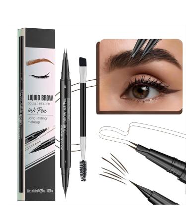 Microblading Eyebrow Pencil Curved Eyebrow Pen 2 in 1 Ended Microblading Eyebrow Pen with Fork Tip and Brush Tip Long-Lasting Sweat Resistance For Natural Makeup All Day (Dark brown)