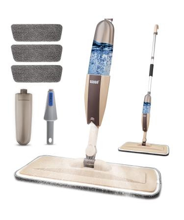 Spray Mop for Floor Cleaning, Floor Mop with a Refillable Spray Bottle and 3 Washable Pads & 1 Scraper, Flat Mop for Home Kitchen Hardwood Laminate Wood Ceramic Tiles Floor Cleaning (Upgrade) Khaki 5 Piece Set