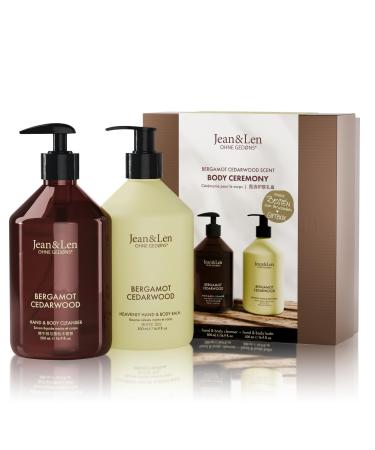 Jean & Len Ceremony Bergamota y Cedro con Hand & Body Cleanser y Hand & Body Balm estuche de regalo de alta calidad fragancia c trica-agria embalaje certificado FSC set de regalo 2 x 500 ml