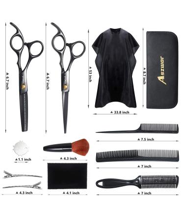 Aszwor Hair Cutting Scissors Set - 12 PCS Professional Hairdressing Shears Kit with Thinning Shears - Perfect for Home, Salon, Barber - Black - Buy Online on GoSupps.com