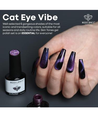 Modelones Cat Eye Gel Nail Polish Set - 6 Pcs 3 Colors - 9D Magnet Black Blue Purple Glitter Holographic with Matte & Glossy Top Coat - Soak Off LED Gel for DIY Nail Art & Manicure - Buy Online on GoSupps.com