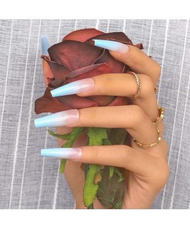 Sethexy Glossy Ballerina Fake Nails - Long Coffin Gradient Light Blue Acrylic Press-On Nail Tips for Women & Girls - 24pcs - Buy Online on GoSupps.com