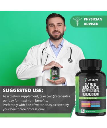 Sea Moss Black Seed Oil Ashwagandha Turmeric Bladderwrack Burdock Root | Advanced Sea Moss Capsules All in One Supplement with Seamoss Black Seed Oil Burdock Root Capsules - 60 Count - Buy Online on GoSupps.com