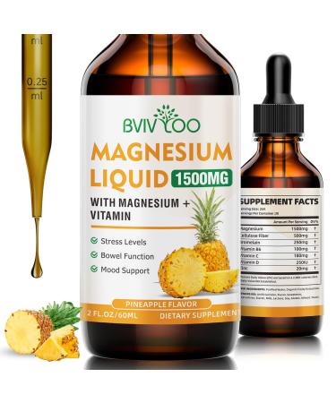Magnesium Glycinate Liquid High Absorption Magnesium Liquid Drops with Cellulose Fiber Bromelain Vitamins B6 C D & Zinc Magnesium Supplement for Adults & Kids Pineapple Flavor - 2 Fl Oz 1pack