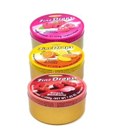 Woogie Fine Drops Hard Candy Tin - Assorted Candy Pack - Lemon & Orange Raspberry and Cherry Flavours - Pack of 3 Fruit Candy Tin Cans (550 gr)