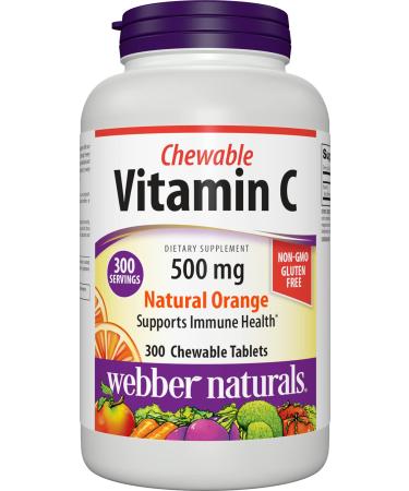 Webber Naturals Vitamin C 300 Chewable Orange Tablets 500 mg of Vitamin C Per Tablet Bones Teeth Immune and Antioxidant Support