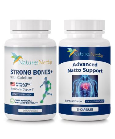 Nature's Nectar Cardiovascular & Bone Health Bundle Organic Nattokinase for Circulation + Bone & Joint Support Supplement with Calcium Vitamin D (90 Capsules Each)