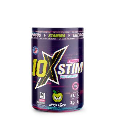10X Athletic Stim Pre Workout Beta Alanine High Caffeine Creatine Sugar Free Vegan Low Calorie Various Flavours 600g 25/50 Servings (Apple Attack)