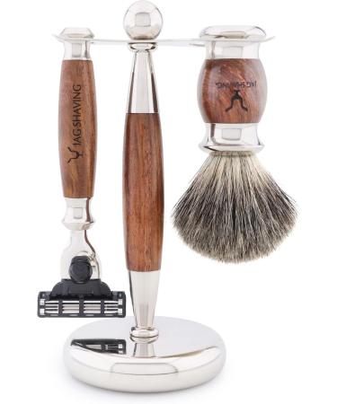 JAG Shaving Razorset - Lee Range 5-Part Set | Super Dachshaar Brush Stainless Steel & Wood 3 Blades Shaving Bowl - International Shipping - Buy Online on GoSupps.com