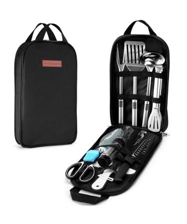 Odoland 14pcs Camping Cookware Cooking Utensil Set Stainless Steel Portable and Compact Carry Case Outdoor Travel Kitchen Kit for Grilling Backpacking Picnic and BBQ Black