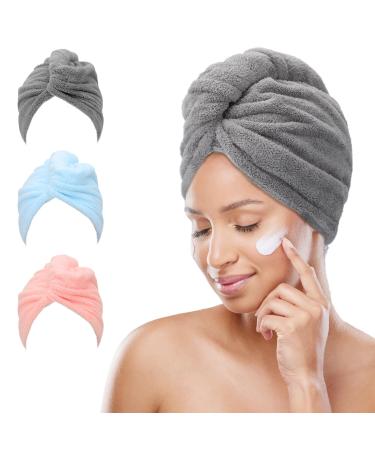 FREATECH 3 pieces microfiber hair turban - quick -drying towel for wet hair without frizz super soft and absorbent hair towel with 3 buttons for women children long curly hair pink + light blue + gray - Buy Online on GoSupps.com