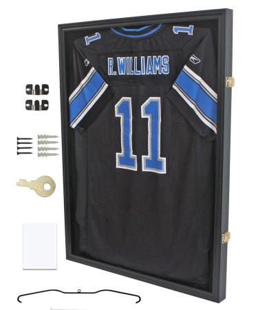 DisplayGifts Jersey Display Frame Case Lockable, Large Sport Jersey Shadow Box with 98% UV Protection Acrylic and Hanger for Baseball Basketball Football Soccer Hockey Sport Shirt and Uniform (Black Finish)