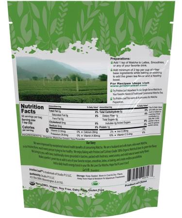 Pristine Leaf | Organic Matcha Green Tea Powder | Culinary Grade 4oz / 113grams | Great for Smoothies Latte Recipes Baking Cooking | Vegan | Calorie Free | Sugar Free | No Additives | USDA Organic - Buy Online on GoSupps.com