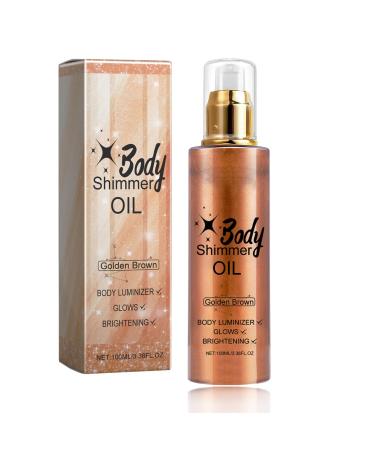 Golden Brown Shimmer Body Oil - Body Shimmer Oil for Body & Face - Natural Body Glow Oil - Waterproof Highlighter Body Luminizer Shimmering Oil - Non-sticky Shimmer Moisturiser (100ml)