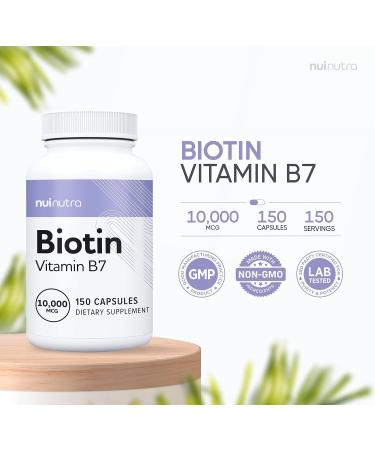 NUI NUTRA Biotin Supplement 10000mcg 150 Capsules - Vegan & Gluten Free for Hair Skin and Nail Support - Buy Online on GoSupps.com