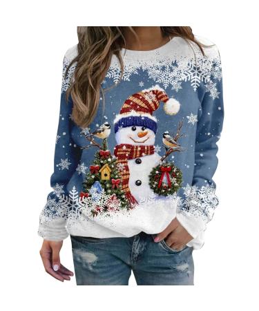 Women's Christmas Sweatshirts Cute Snowman Penguin Print O-Neck Raglan Top Shirt Pullover Comfy Warm Xmas Jumper Winter Long Sleeve Tops Loose Tunic Top Sweaters Z35-blue XL