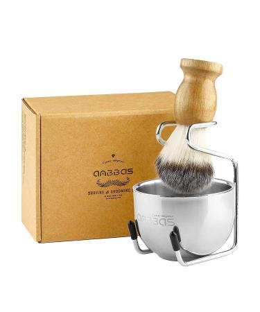 Anbbas 3in1 Vegan Synthetic Badger Shaving Brush Set for Men with Stainless Steel Stand and Bowl - Ideal for Wet Close Shave Beech - Buy Online on GoSupps.com